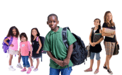 Students standing on a white background and holding their backpacks